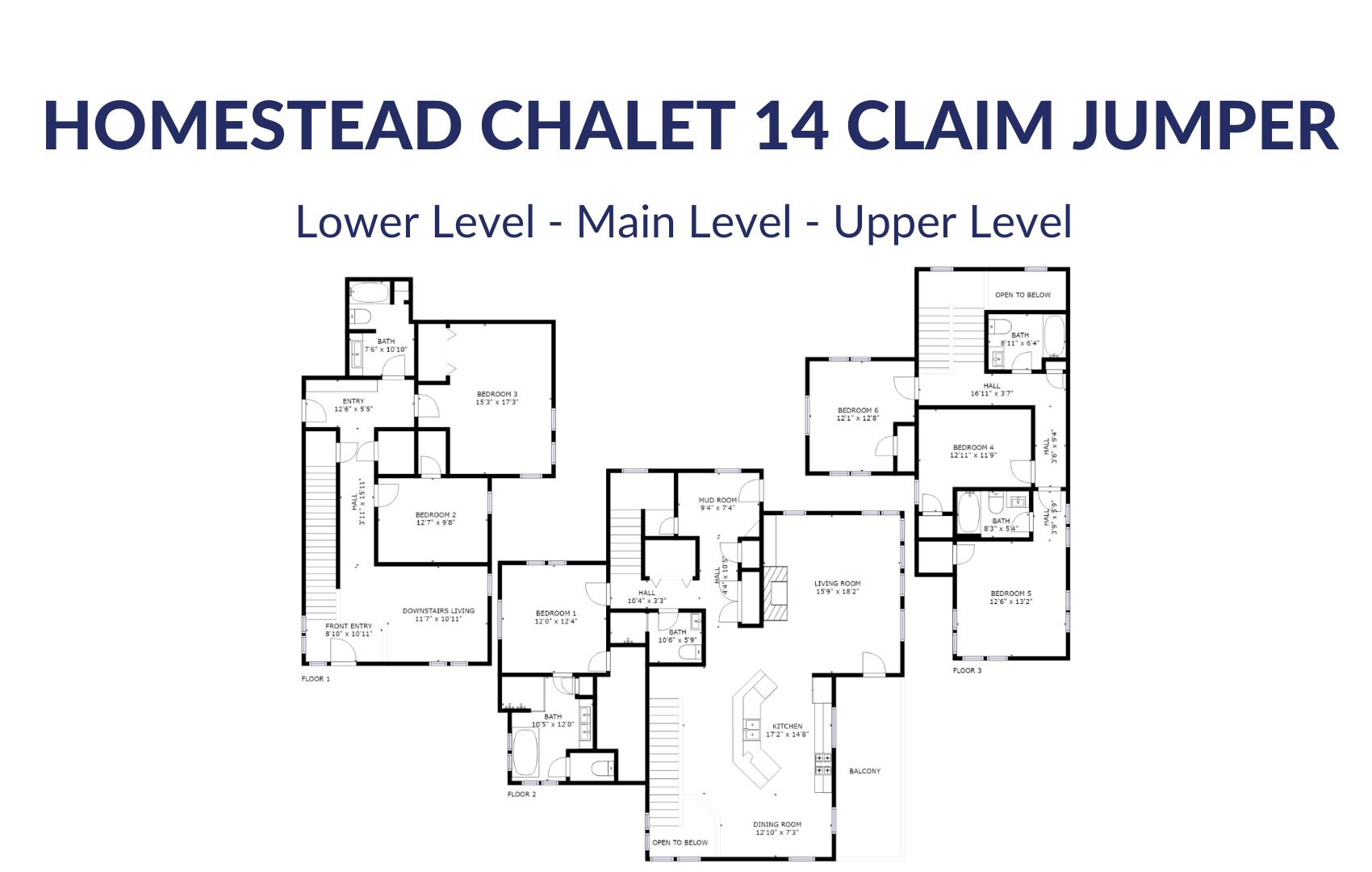 A floor plan of a 14 claim jumper home, detailing three levels with various rooms including bedrooms, bathrooms, a kitchen, and a dining area.
