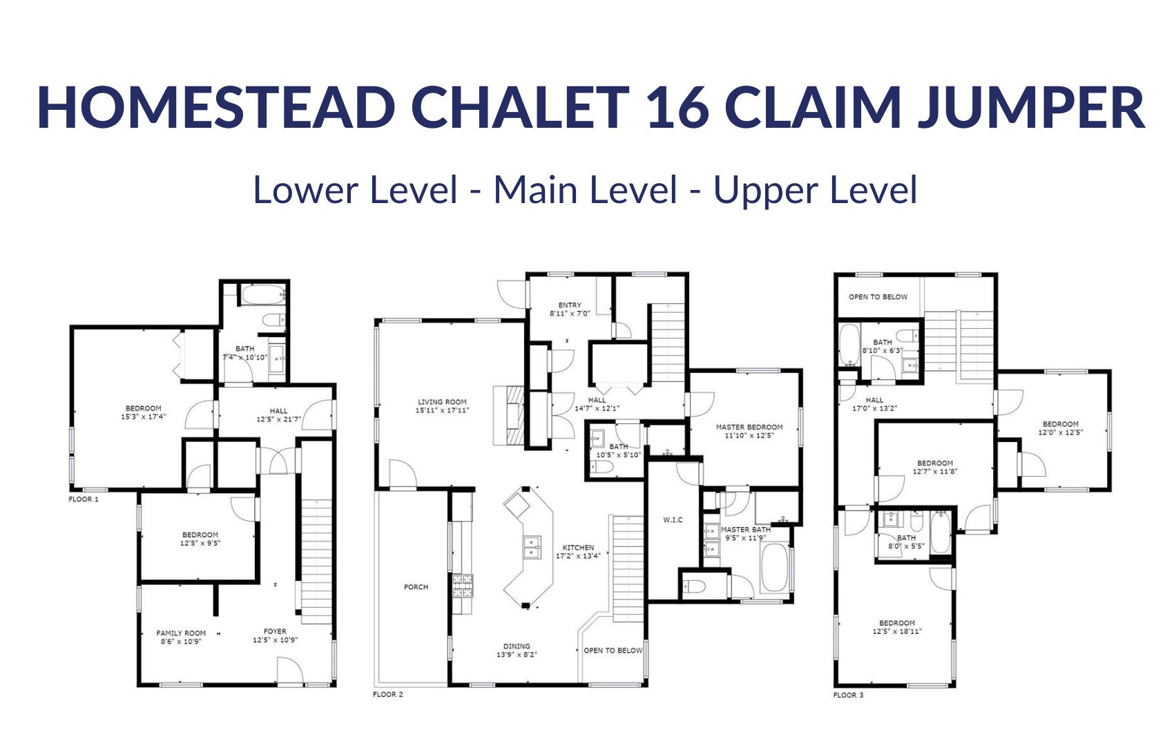 A three-floor layout of the Homestead Chalet 16 Claim Jumper, including bedroom, bathroom, living room, kitchen, dining, and foyer areas.