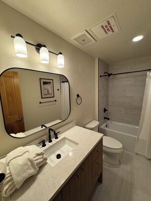 Combined shower/tub, jetted tub, hair dryer, towels