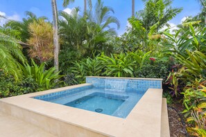A rectangular hot tub with a tiled edge, surrounded by lush tropical vegetation.