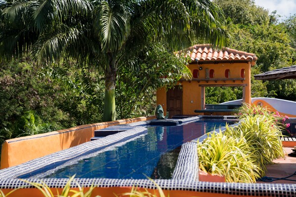 A rooftop pool with a tiled edge, surrounded by lush greenery and a small structure with a tiled roof.