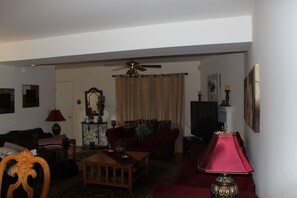 TV, fireplace, books