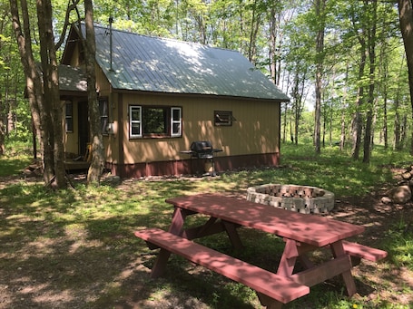 Outdoor dining. Cozy cabin away from Hustle and Bustle - Woodsy, Peaceful, Tranquil!