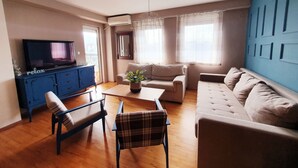 A living room with a sofa, armchair, and a TV on a blue cabinet. - Duplex 150m2 - Central Station best location in town (Skopje)