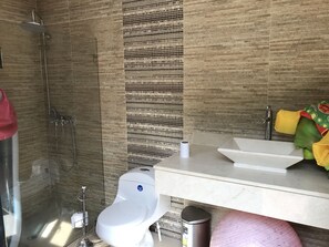 Bathroom features a shower, toilet, and sink with a mirror.