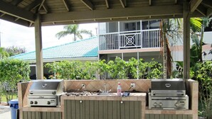 An outdoor barbecue area with a built-in grill and sink, surrounded by greenery and a covered structure.
