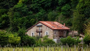 A stone house with a red-tiled roof, surrounded by lush greenery and a wooden fence. - The Rural Apartment - Maria's Rural House (Terán, Cabuerniga)