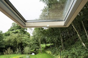 Une pièce dotée d’une lucarne donnant sur un jardin luxuriant.