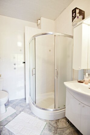 Douche, baignoire à remous, séchoir à cheveux, serviettes fournies