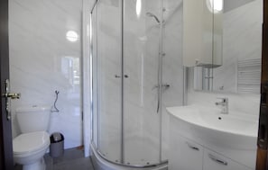 A bathroom with a glass-enclosed shower, a toilet, a sink, and a mirror.
