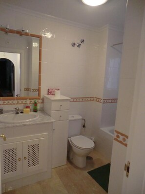 Bañera, secador de pelo, toallas y papel higiénico
