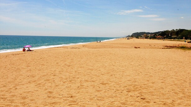 Ein weiter Sandstrand mit blauem Himmel und ruhiger See.