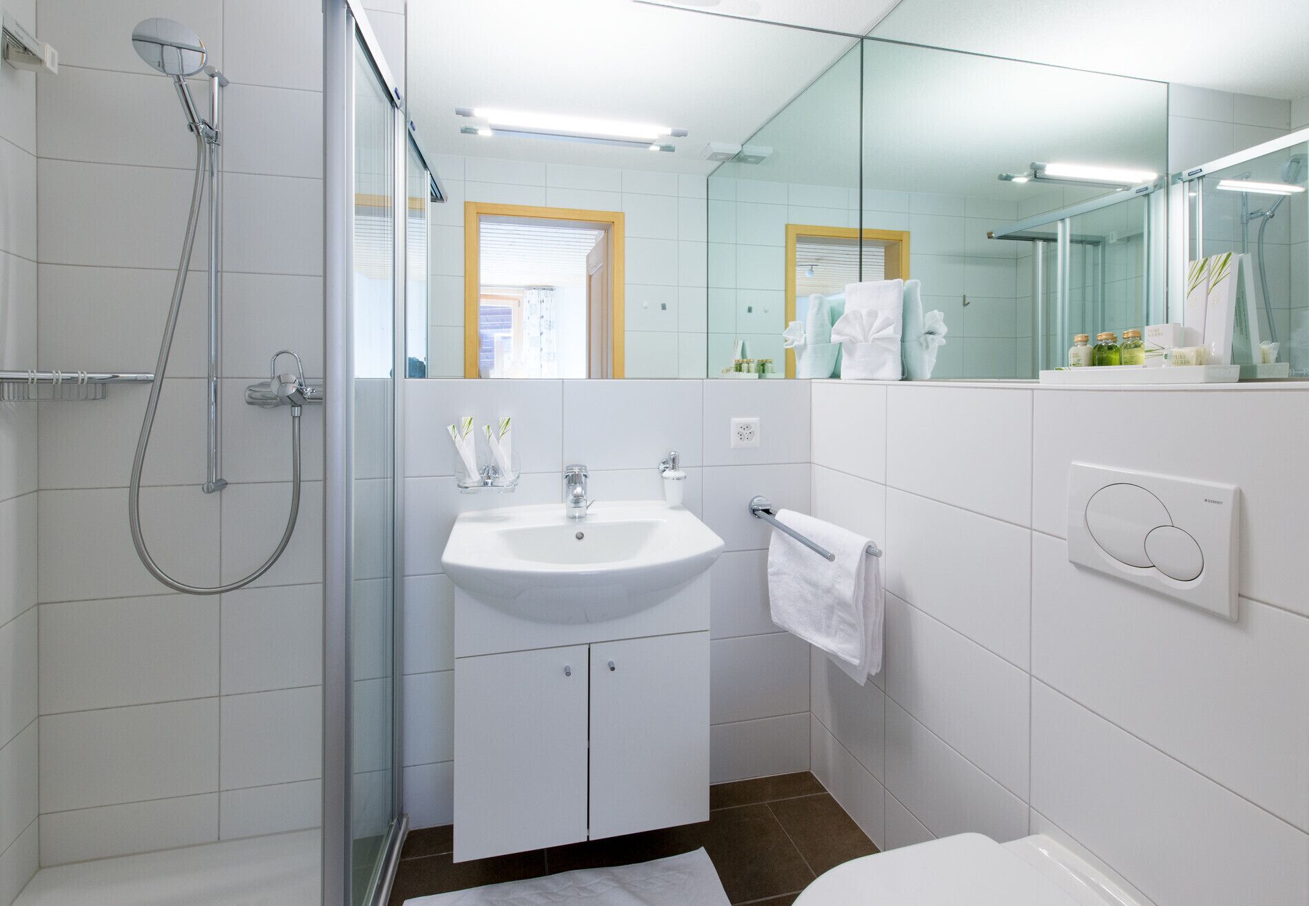 A modern bathroom with a glass shower enclosure, a white sink, and a mirror above the sink.
