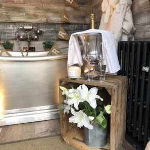 Combined shower/tub, hair dryer, towels