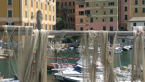 Un port de plaisance où sont amarrés des bateaux, entouré d’immeubles à plusieurs étages dotés de balcons.