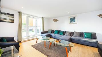 Een televisie en een muziekbibliotheek