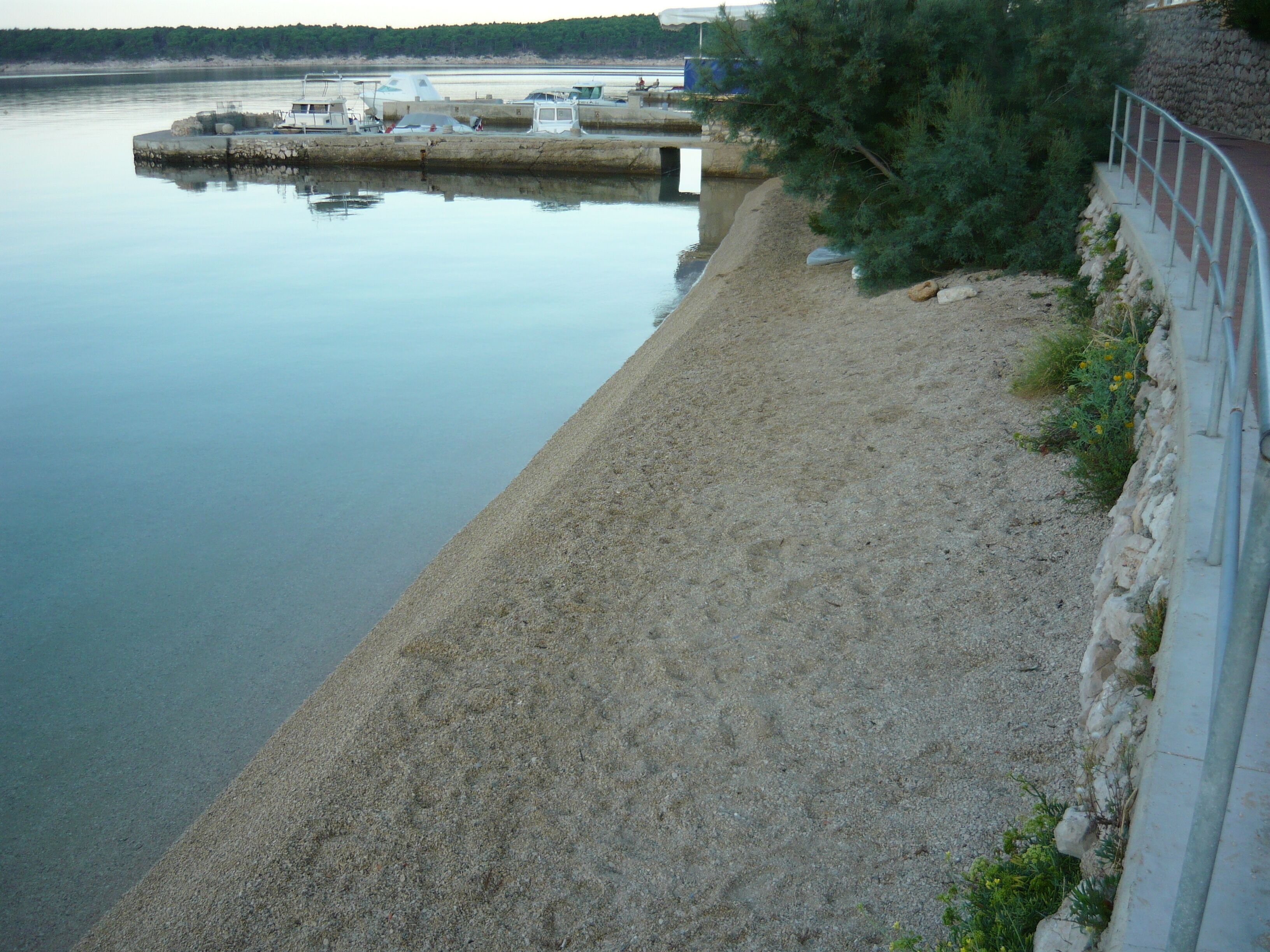 A sandy beach with a dock and boats.