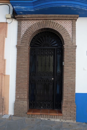 A black ornate door with a brick archway, a white wall, and a blue section above.