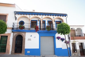 A building with a blue and white facade, arched windows, a balcony with flowers, and a closed shutter door.