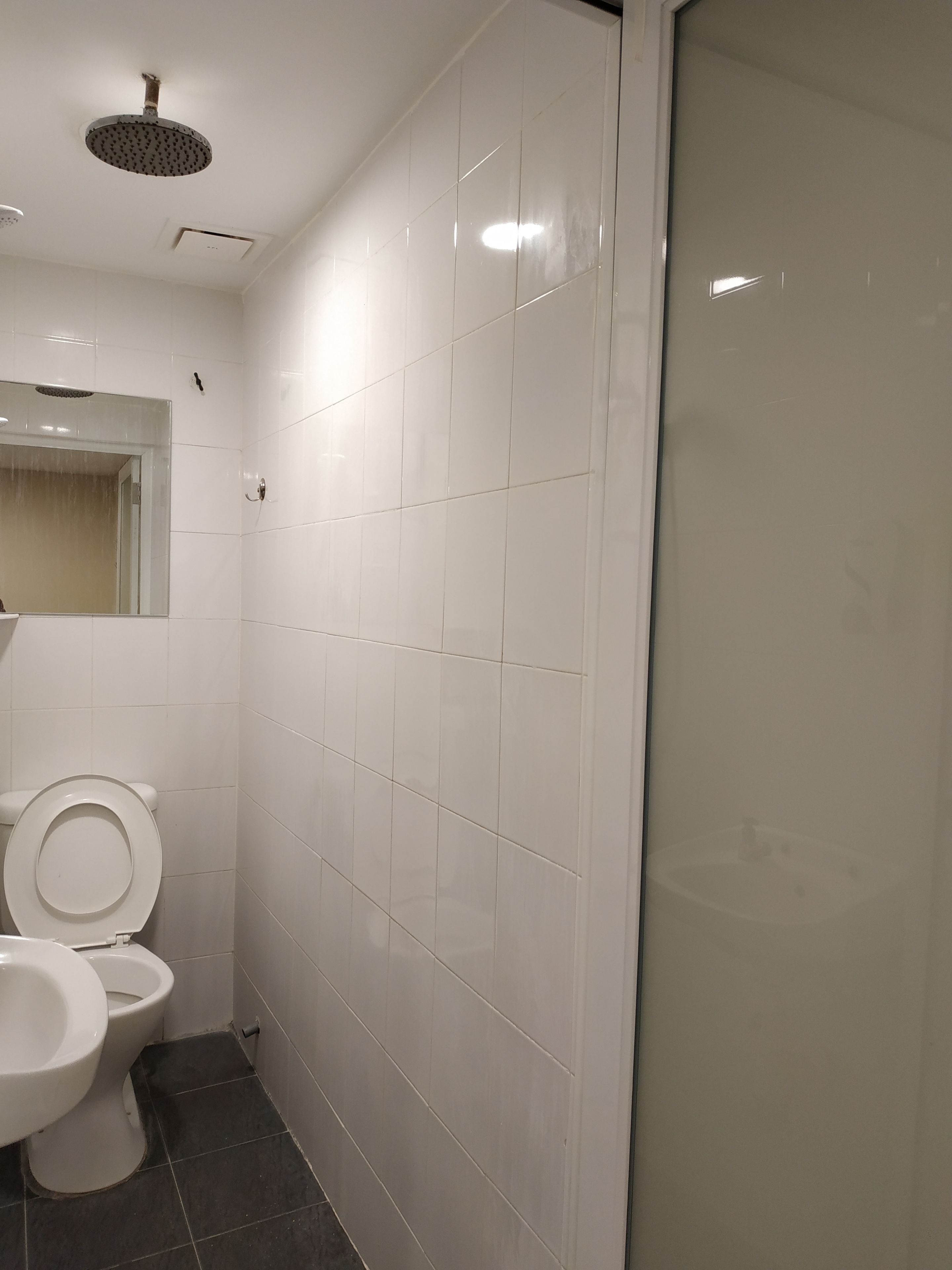 A bathroom with white tiles, a toilet, a shower, and a mirror.