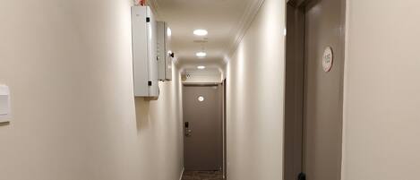 Un pasillo de hotel con piso alfombrado, una puerta con placa de número y un accesorio de iluminación en el techo.