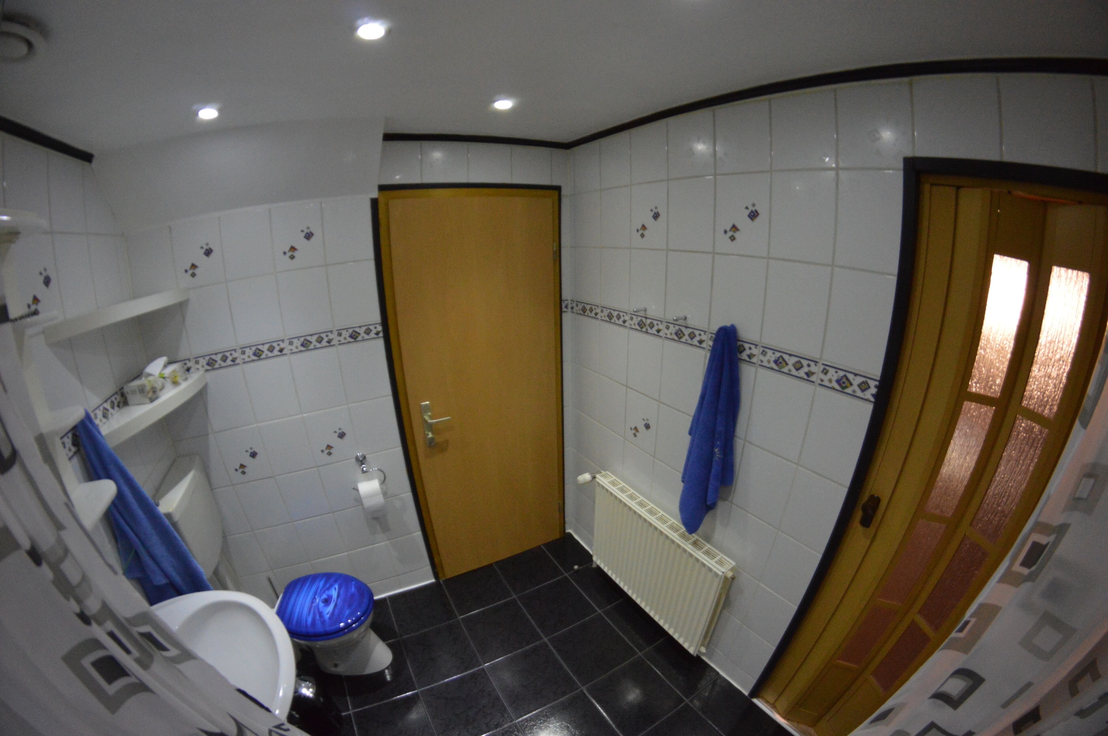 A small bathroom with a toilet, a sink, and a shower area.