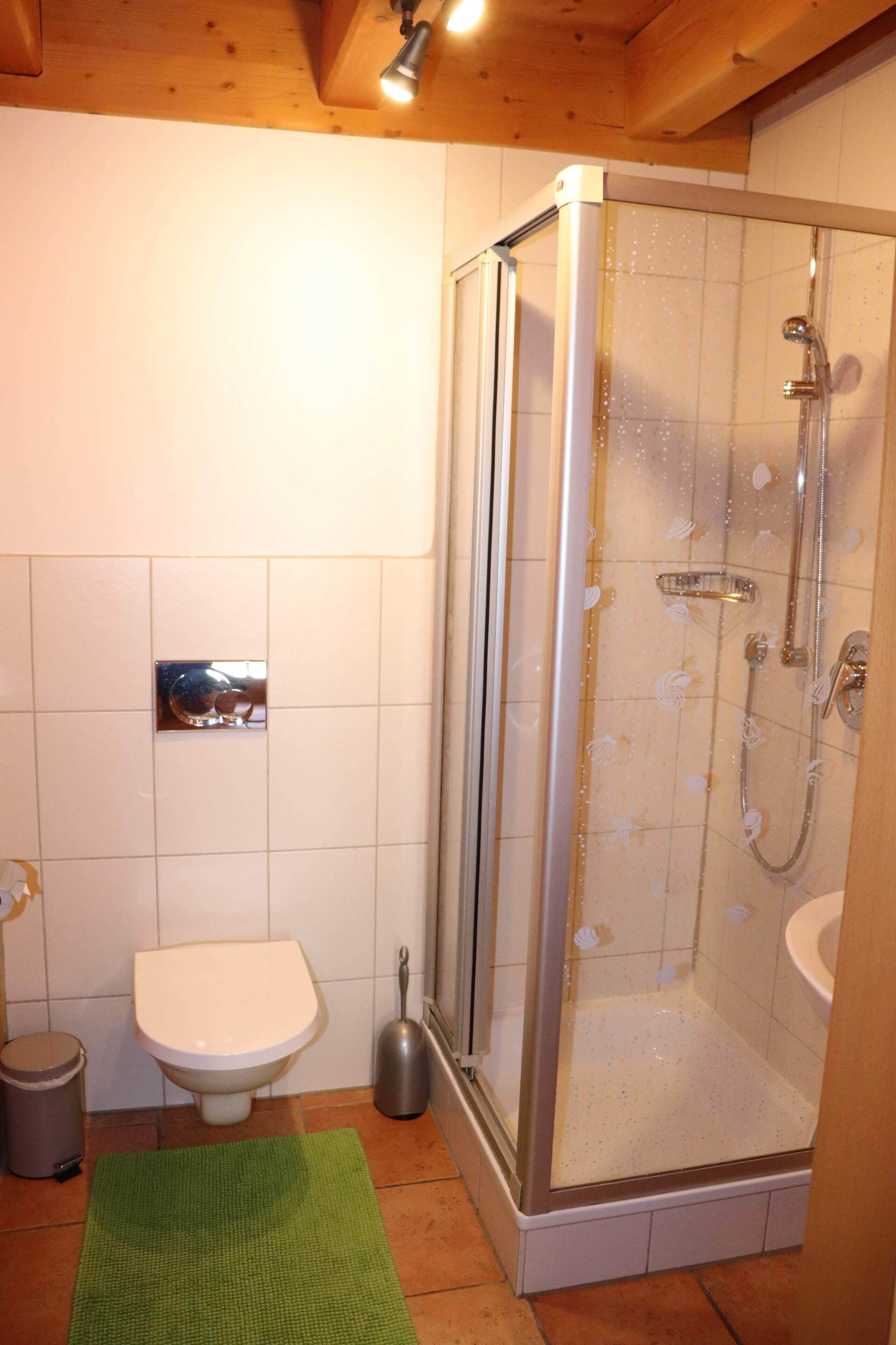 Ein Badezimmer mit Duschkabine, Toilette und Bidet.