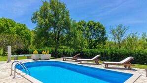 Ein rechteckiger Swimmingpool mit Steinrand, umgeben von Liegestühlen und Topfpflanzen.