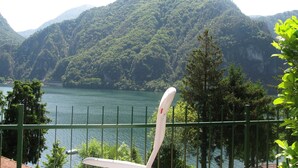 A view of a lake with mountains in the background, a green railing, and a white object in the foreground. - Directly from the owner - with fenced garden (Idro)