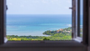 A view through a window of a coastal area with a clear sky, a body of water, and a small settlement with buildings and greenery.