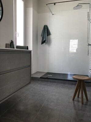 Shower, hair dryer, towels