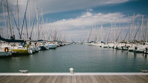 Un port de plaisance où de nombreux bateaux sont amarrés dans des eaux calmes.