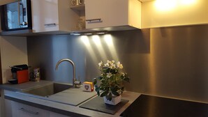A modern kitchen with a stainless steel sink, a coffee machine, and a potted plant. - In HEART of St Gervais, PARKING, WIFI ... (Saint-Gervais-Les-Bains)