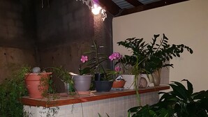 Um espaço de pátio com ladrilhos, diversos vasos de plantas e um pequeno banquinho branco.