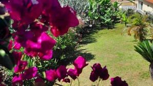 Een kustlandschap met uitzicht op zee, een dorp op een heuvel en een tuin met roze bloemen.