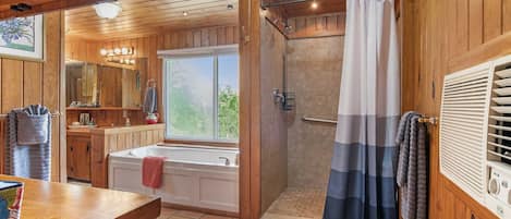 Combined shower/bathtub, jetted bath, hair dryer, towels