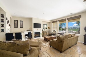 Smart TV, fireplace, video games, DVD player