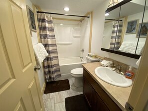 Bathtub, hair dryer, towels