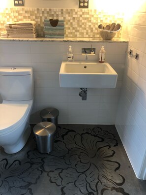 Bathtub, hair dryer, towels, soap