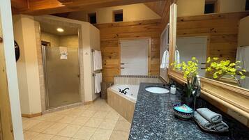 Shower, jetted tub, hair dryer, towels