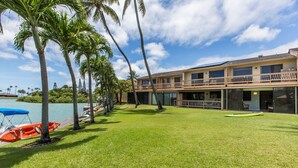Un hôtel doté d’une piscine, de palmiers et d’une pelouse verdoyante.