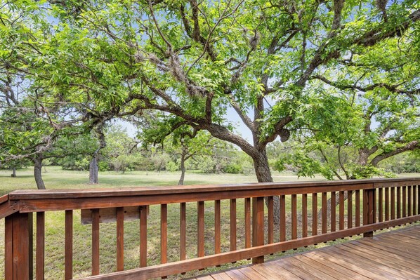 Una terraza de madera con vista a un parque arbolado.