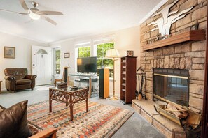 Una sala de estar con chimenea, televisor y estantería.