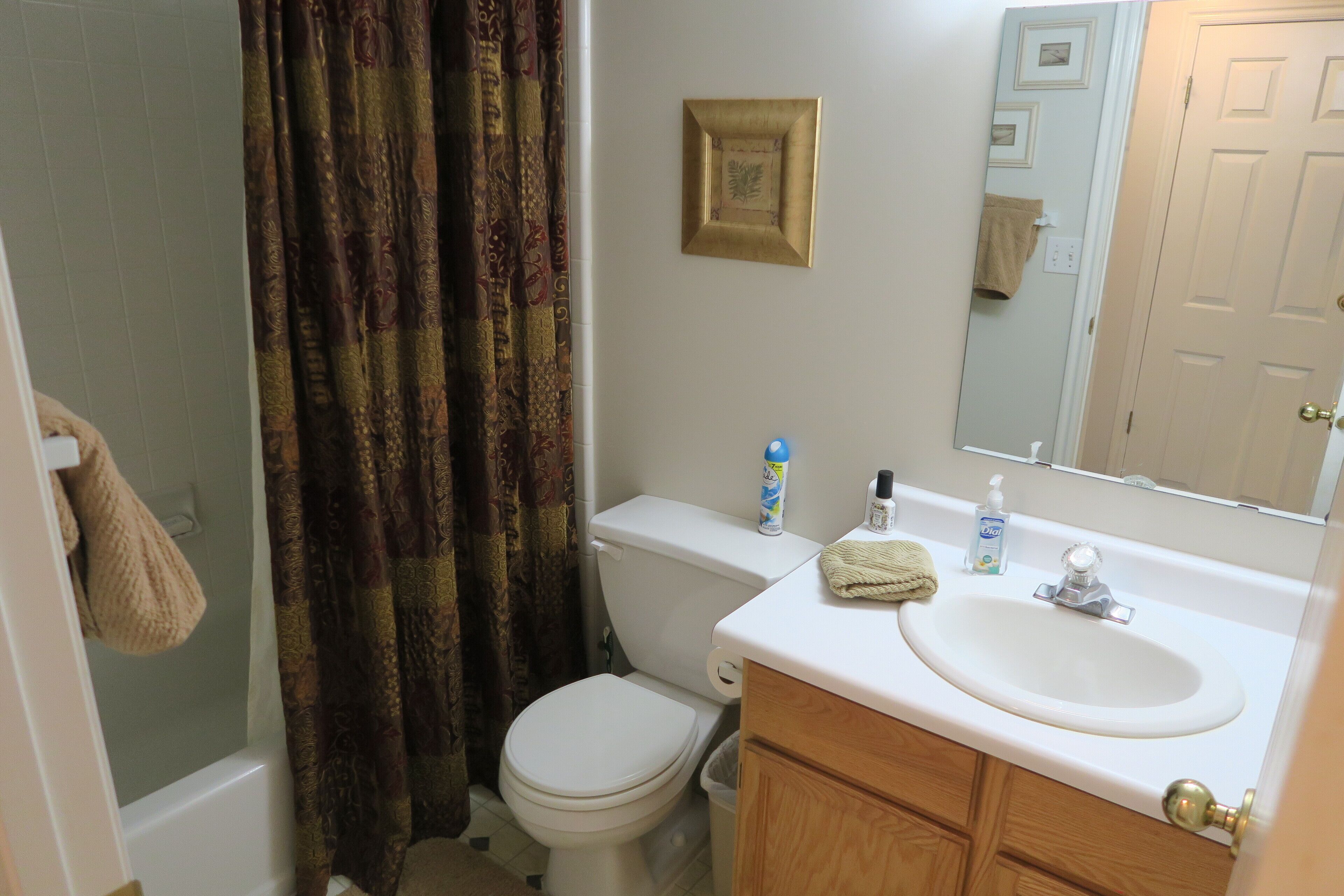 A bathroom with a toilet, sink, and shower curtain.