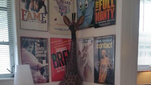 A room with a desk, a giraffe sculpture, and various posters on the wall.