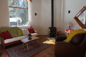 Una Smart TV, una chimenea, un reproductor de DVD, libros