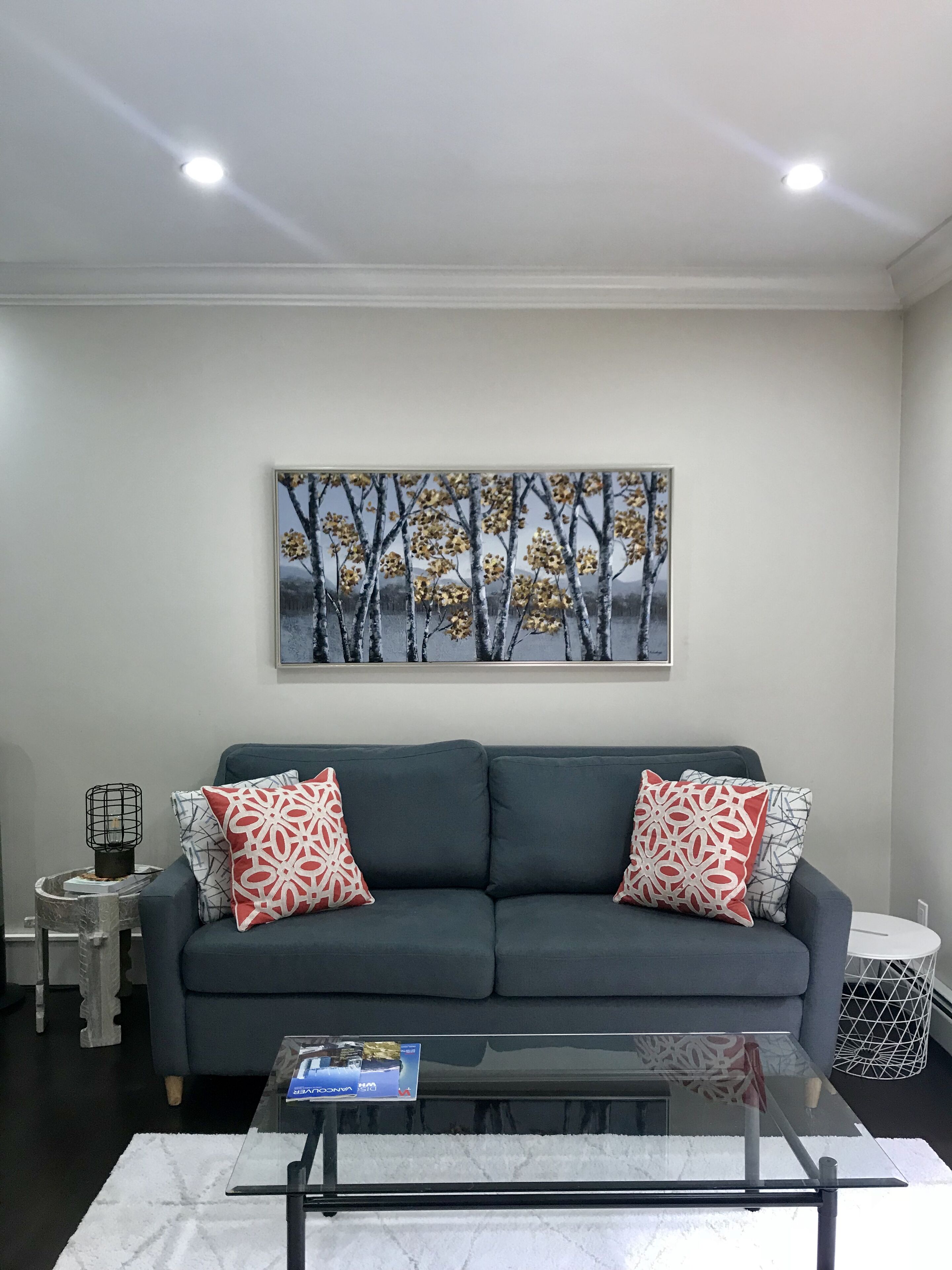 A living room with a dark grey sofa, two patterned pillows, a glass coffee table, and a painting of trees on the wall.