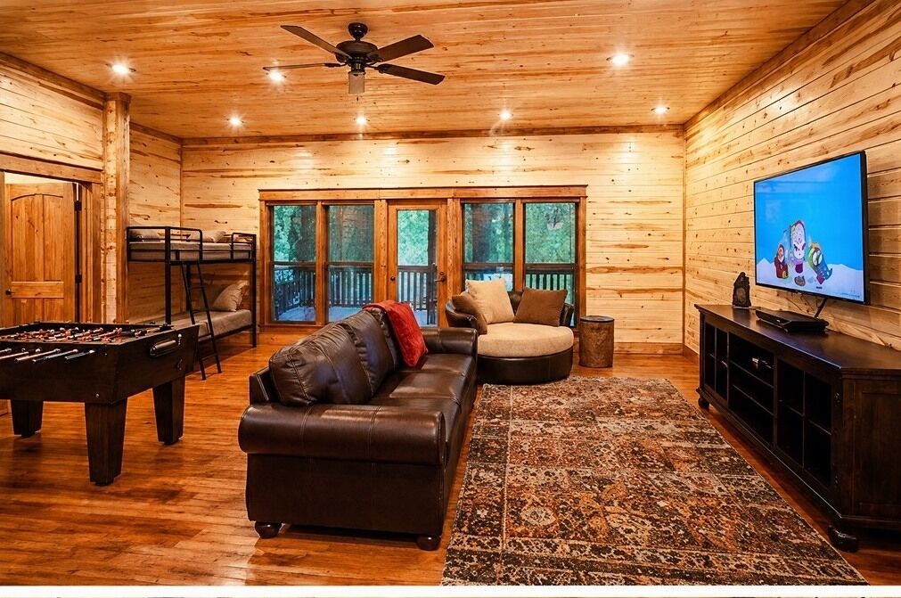 Smart TV, fireplace, foosball, table tennis