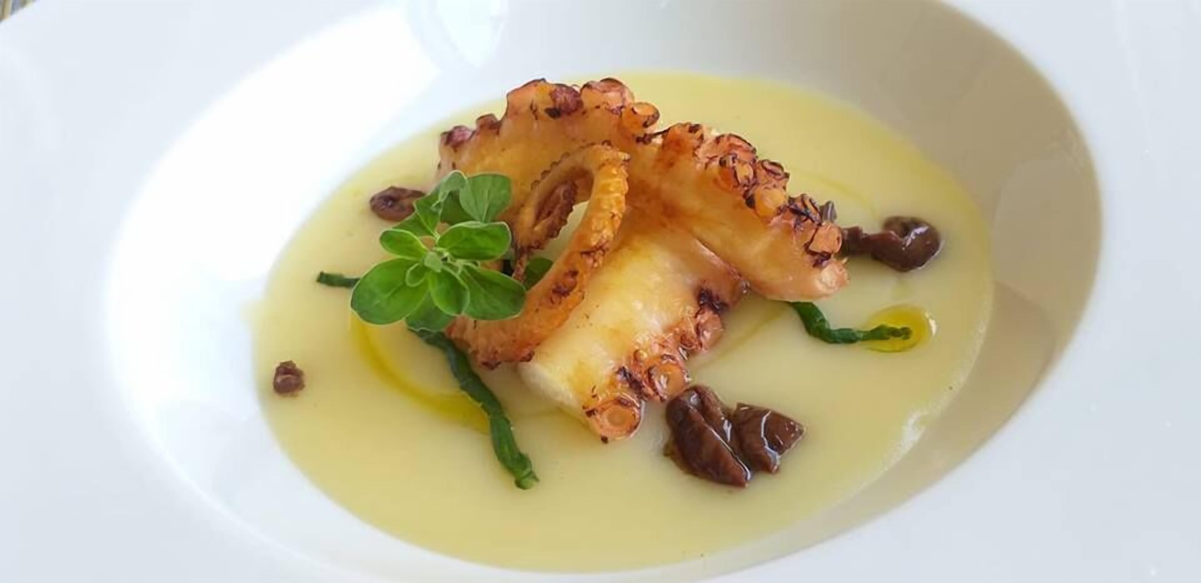 A dish with octopus tentacles and greens on a white plate.