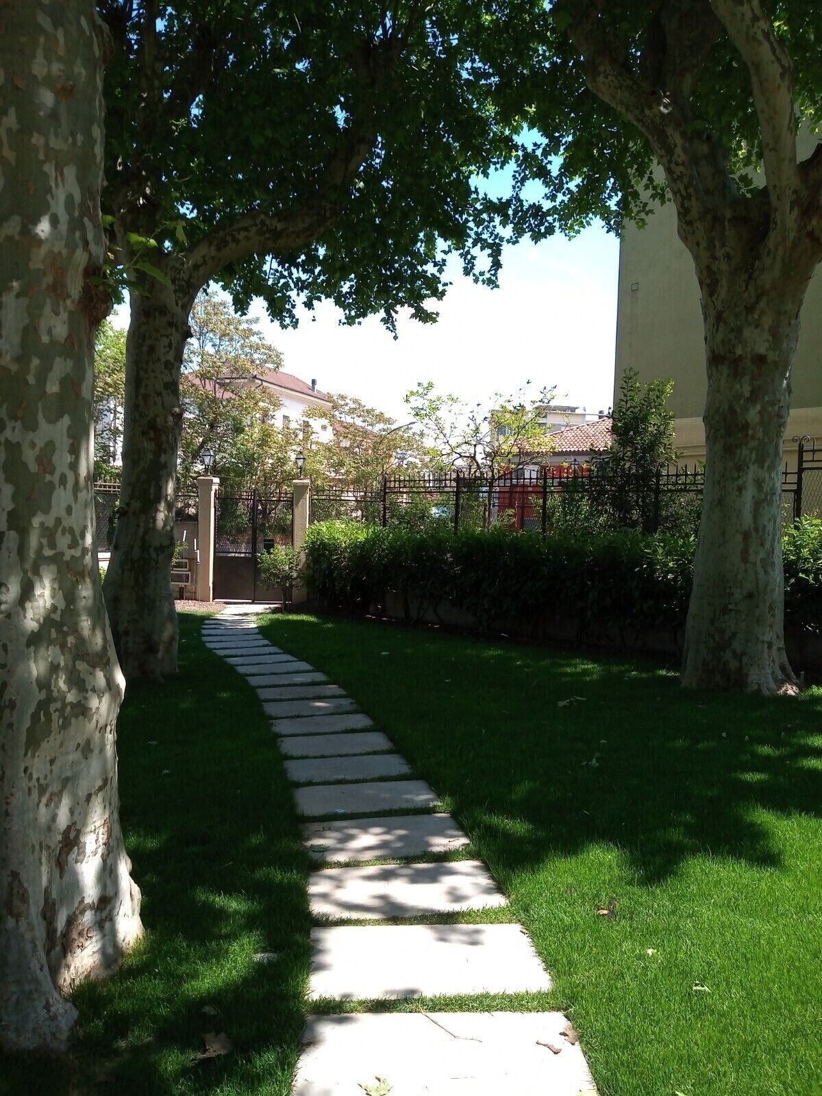 A pathway leading through a well-maintained garden area with trees and a building in the background.